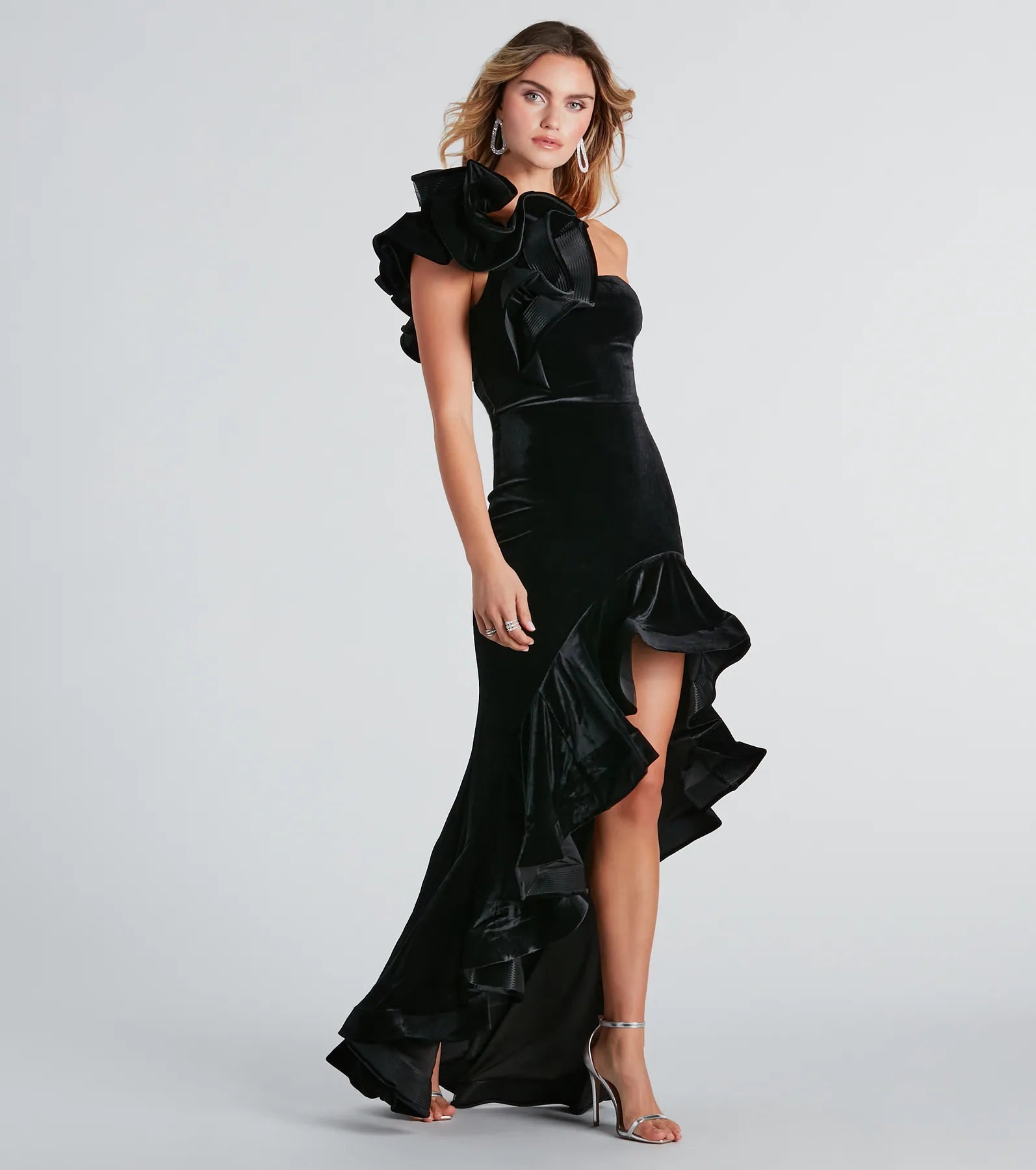 Beatrice Formal Velvet Ruffle High Low Dress