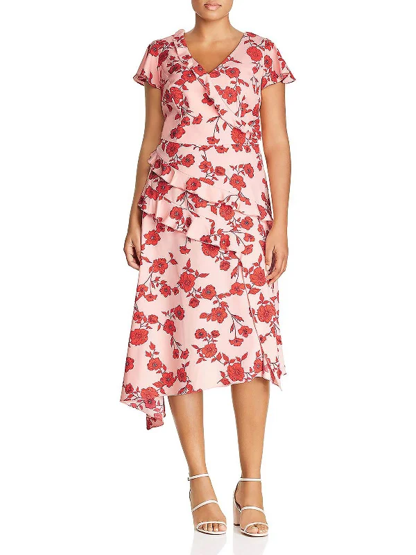 Plus Womens Floral Print Ruffled Fit & Flare Dress