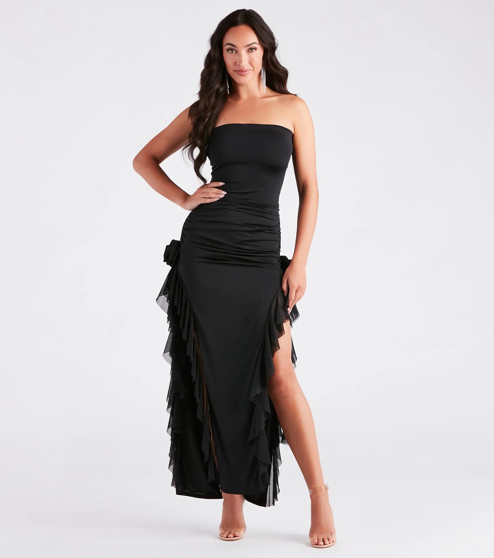 Kenna Rosette Applique Ruffled Formal Dress