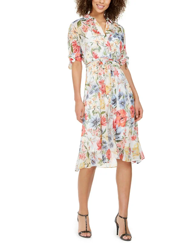 Womens Floral Print Midi Shirtdress