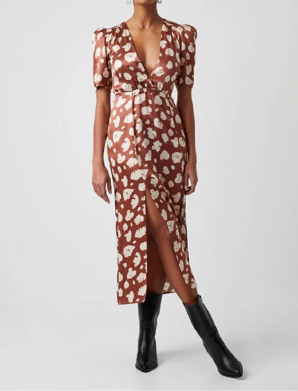 Aimee Enid Front Slit Midi Dress In Brown Patina Cream