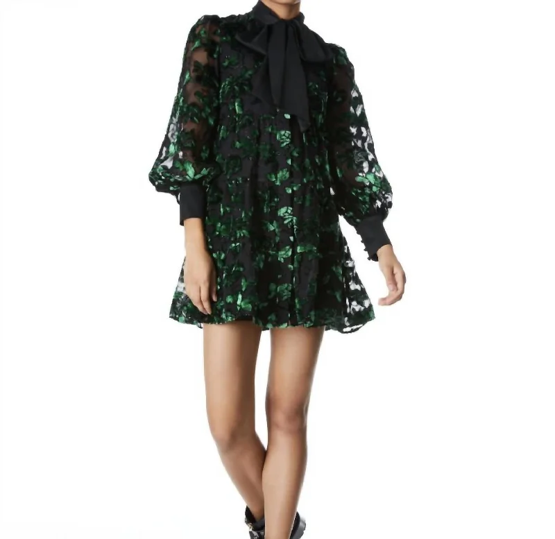 Rowen Bow Neck Blouson Sleeve Dress In Black/emerald