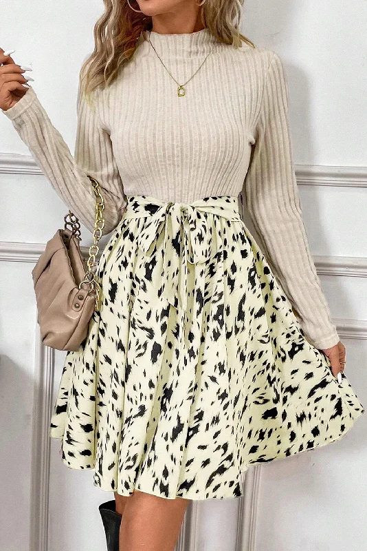 Super Deal Beige Ribbed Knit Patchwork Printed Belted A-line Dress