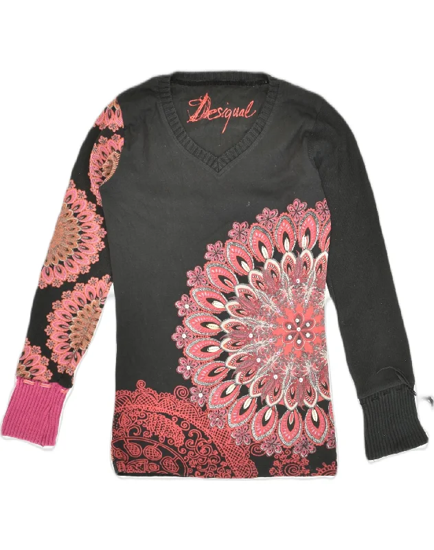 DESIGUAL Womens Graphic V-Neck Jumper Sweater UK 8 Small Black Ikat Cotton