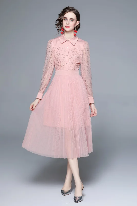 Pink Cocktail A-line Shirt Colar Long Sleeve Pleated Midi Dress