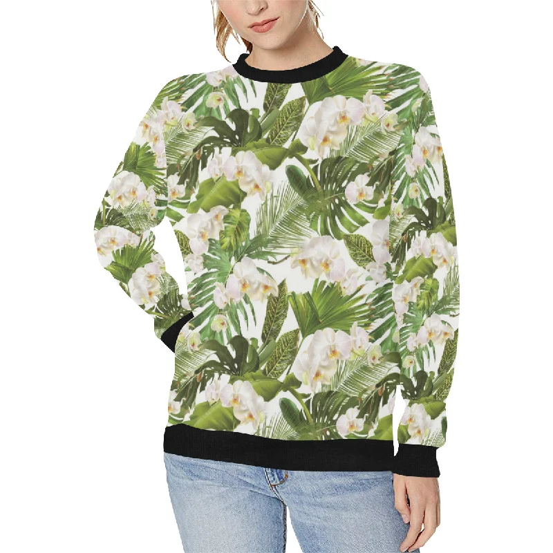 White orchid flower tropical leaves pattern Women's Crew Neck Sweatshirt