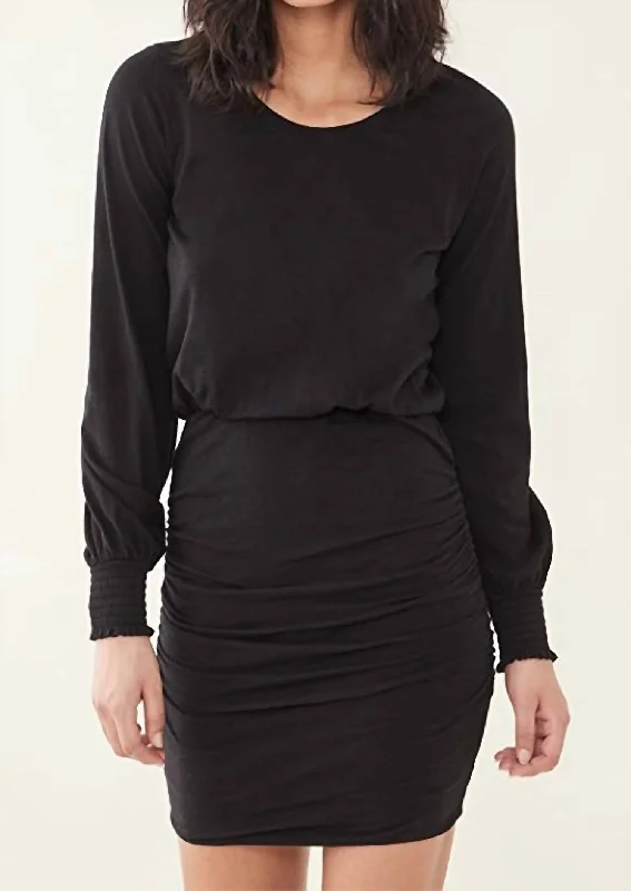 Ruched Dress With Lantern Sleeve In Black